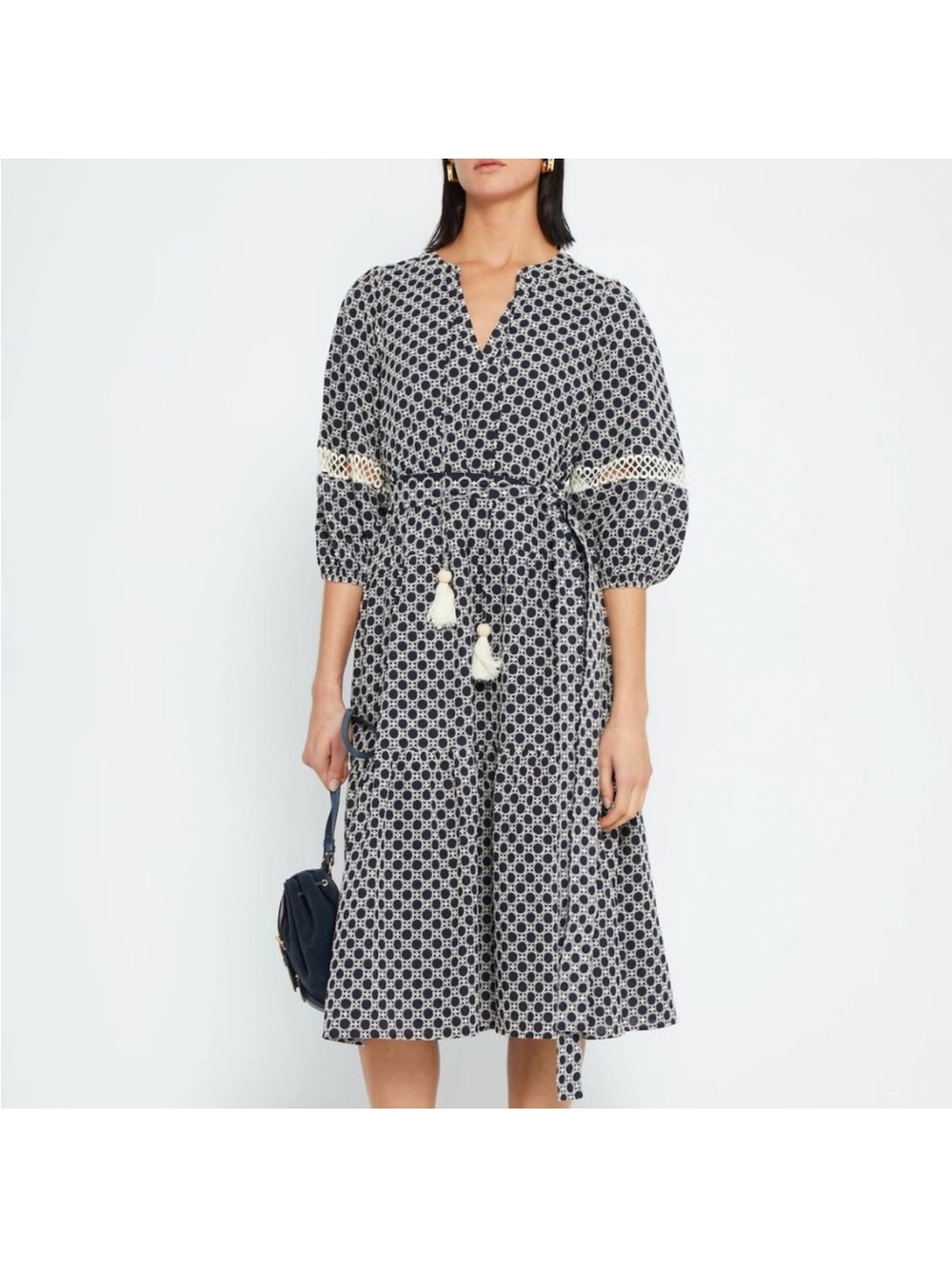 Printed Navy Midi Dress with Tassel Tie